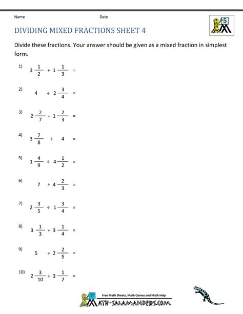 Dividing Mixed Numbers by Fractions Worksheets 5th Grade Worksheets